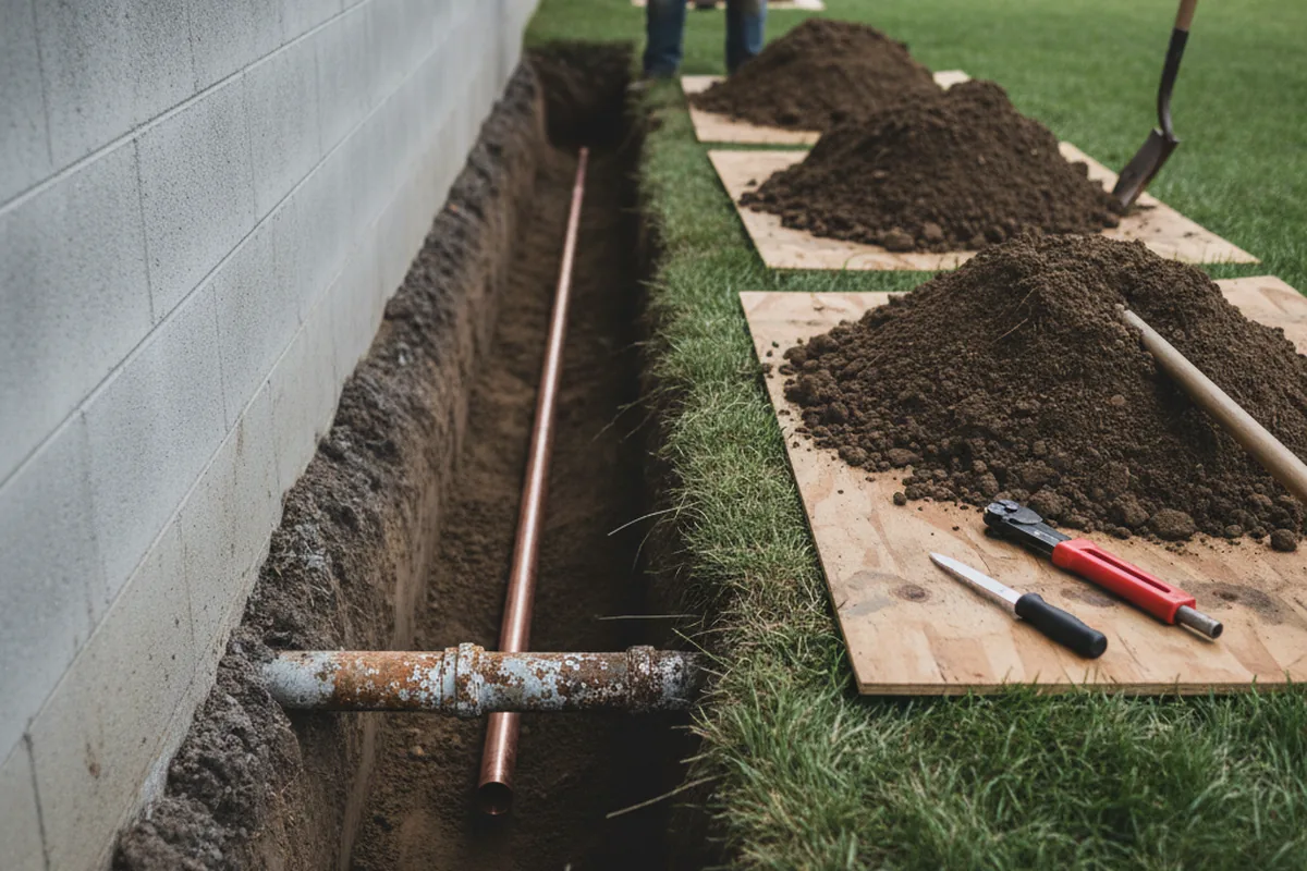 Excavated water line trench during Water Softener Installation in Beaumont
